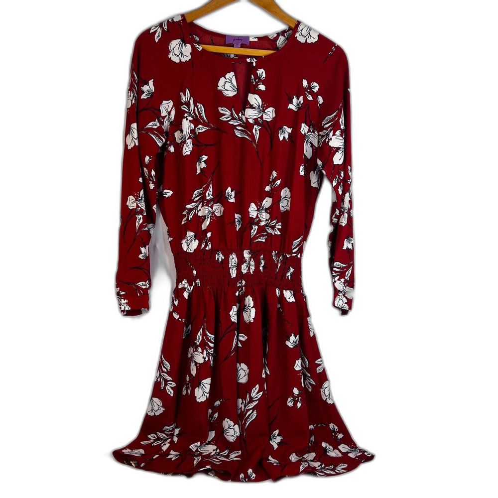Plumberry Floral Print Smocked Waist‎ Mini Dress Keyhole Neck Dressy Size Medium